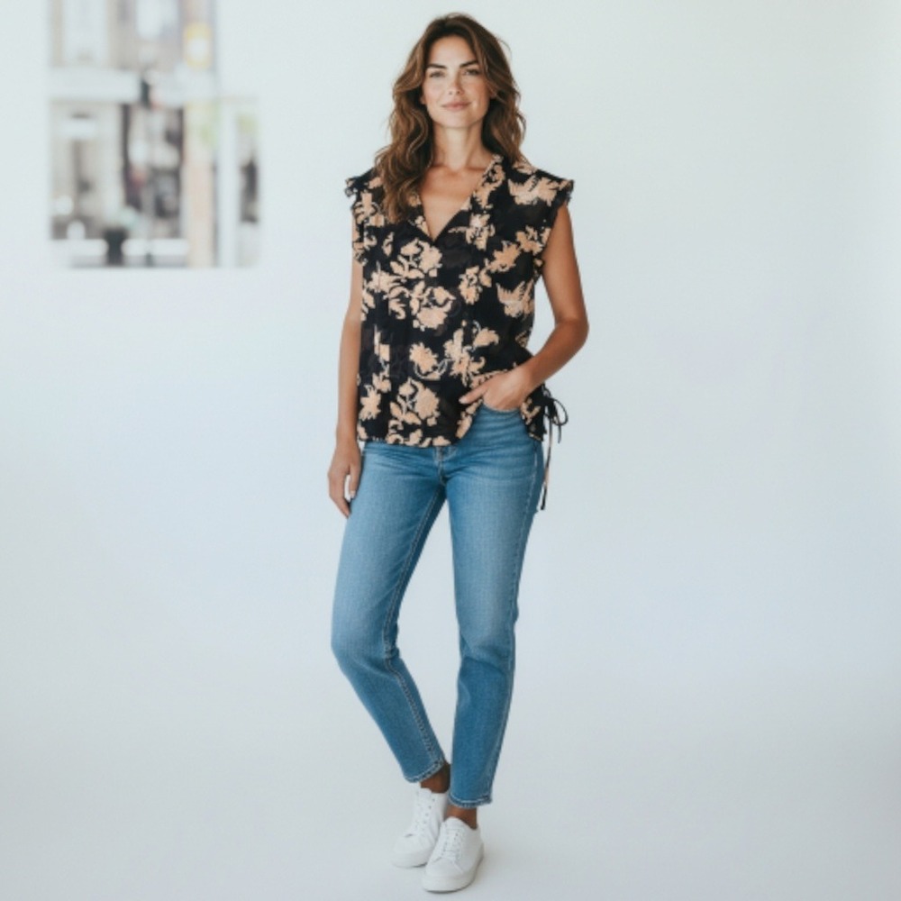 Scotch Soda Maison Scotch Black Floral Ruffle‎ V Neck Tie Side Blouse Women's M